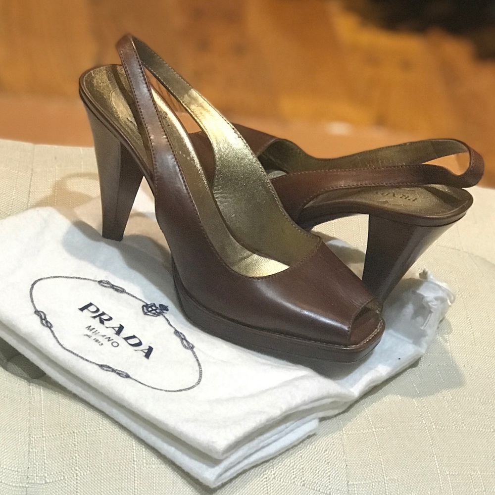 PRADA Brown Leather Slingback Heels Shoes 36.5 6.5